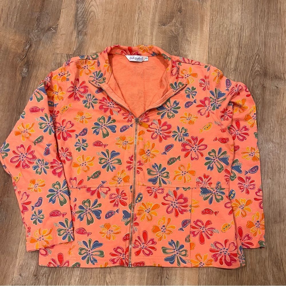 Fresh Produce Bomber Jacket Peach and Pink Floral size Medium Cotton USA made